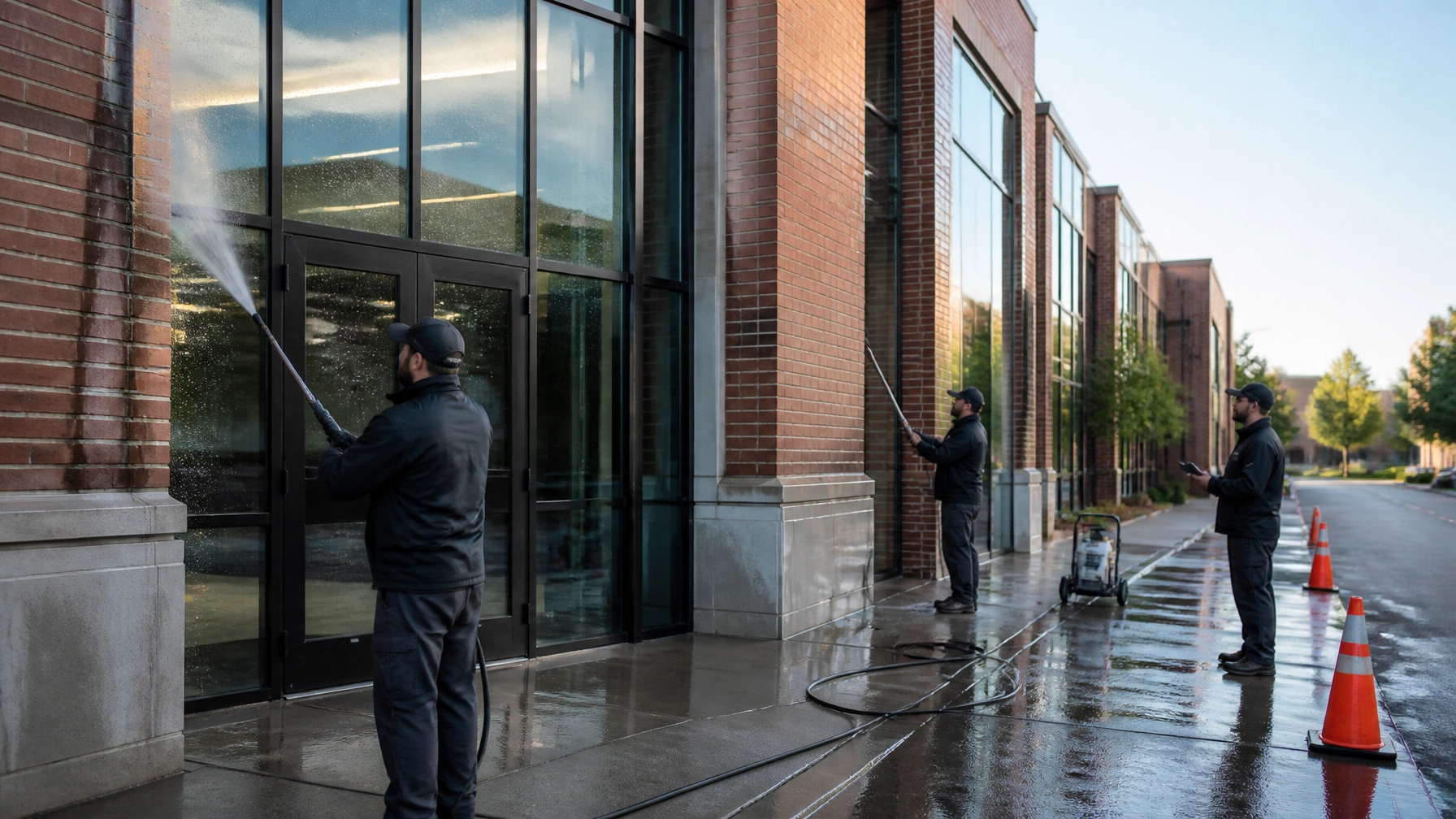 Crew washing a commercial brick storefront in Eastern Massachusetts