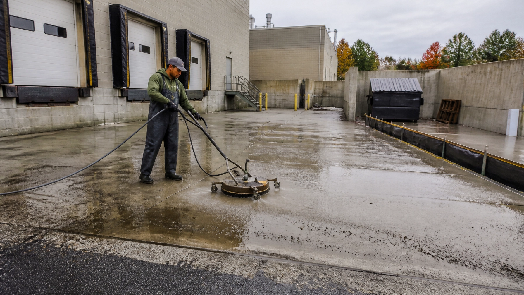 Commercial technician cleaning a concrete loading dock and dumpster pad in New England
