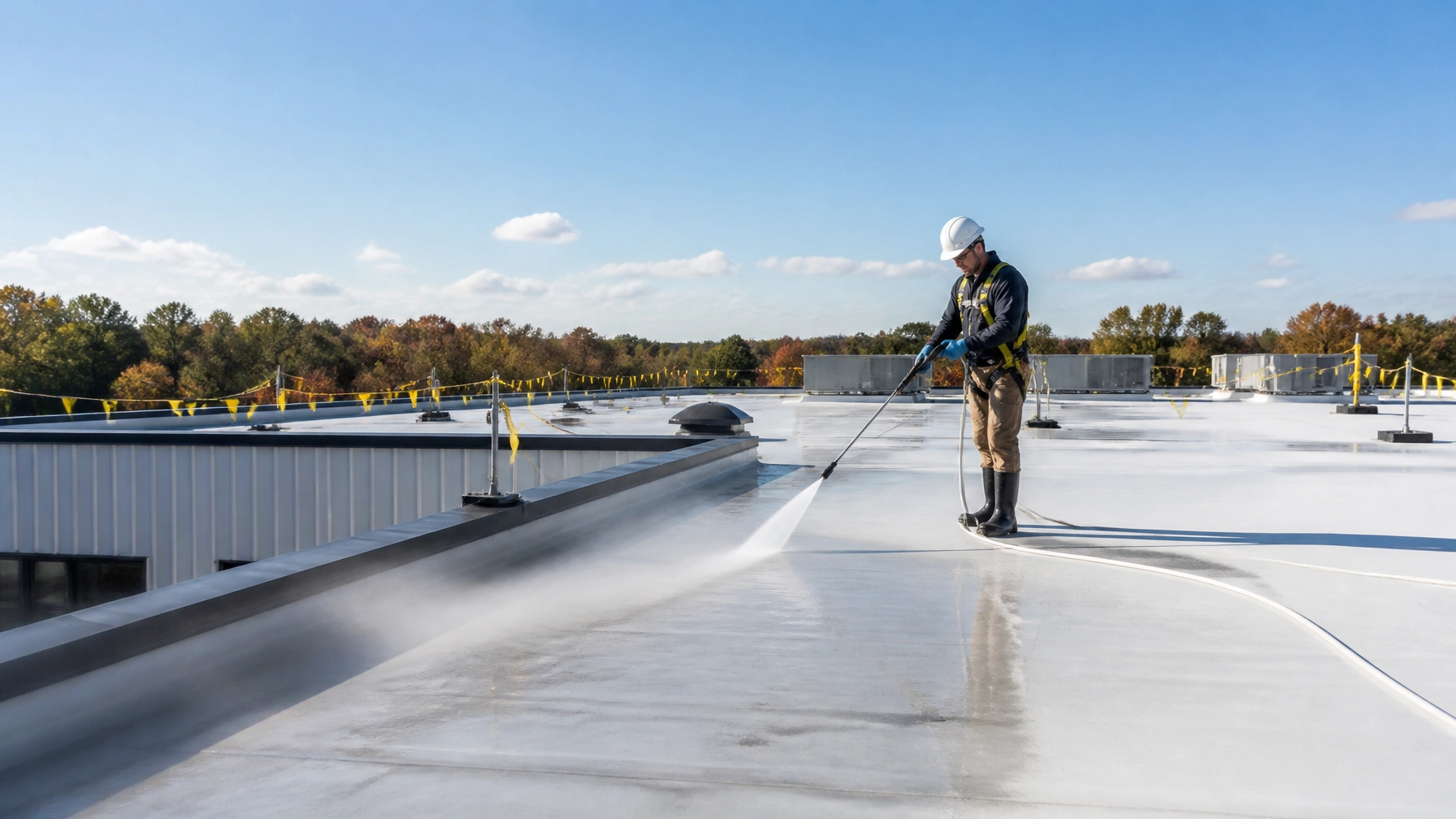 Technician soft-washing a low-slope commercial roof in New England