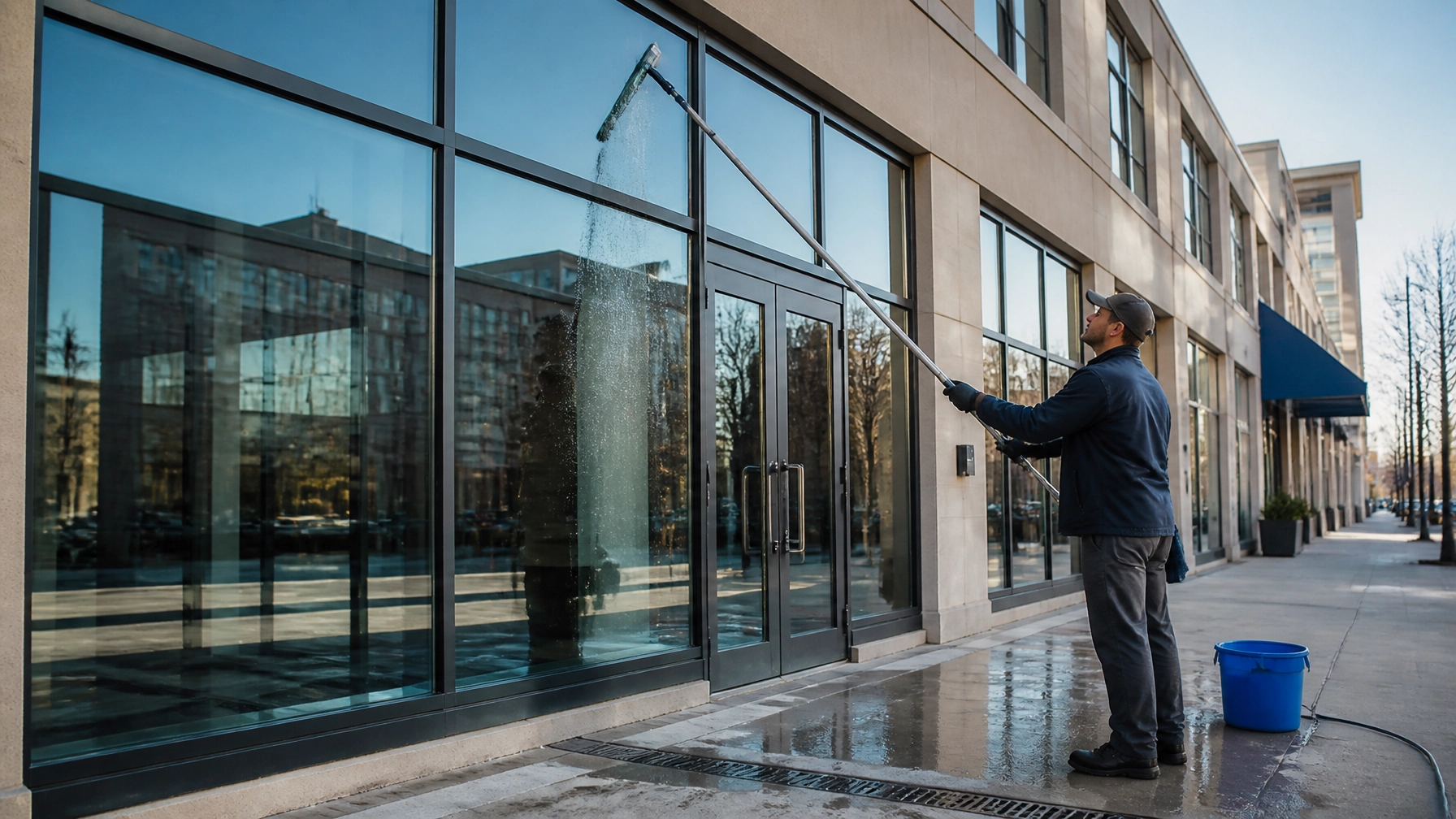 Professional cleaning storefront and office windows on a New England commercial block