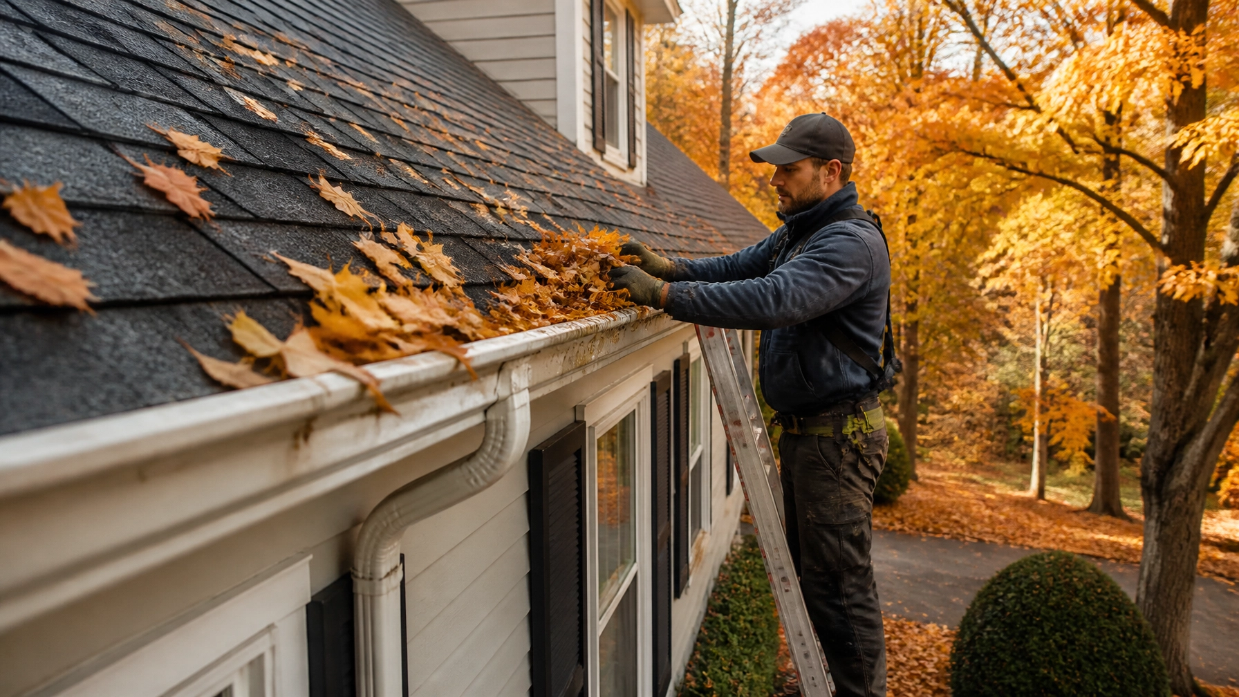 Crew safely cleaning autumn leaves from gutters and a downspout on a New England home in Massachusetts