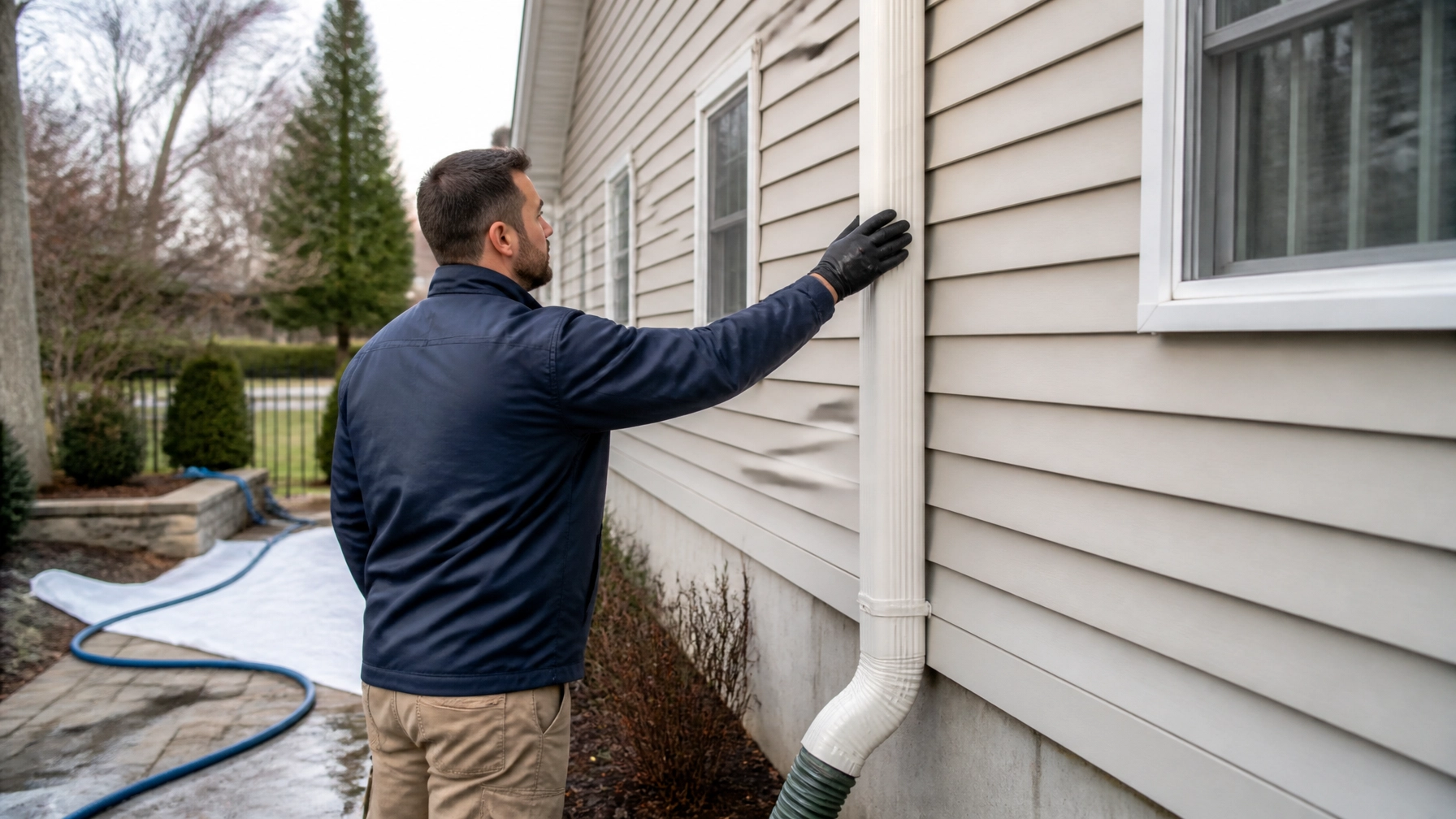 Technician checking siding and a downspout before exterior cleaning at a Massachusetts home