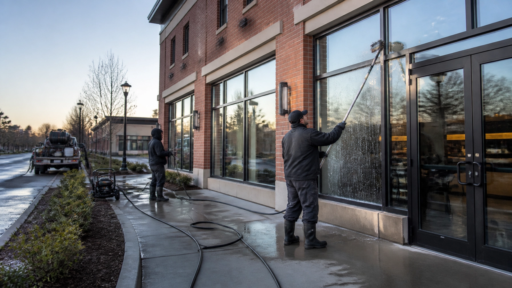 Commercial building storefront being professionally washed in Eastern Massachusetts