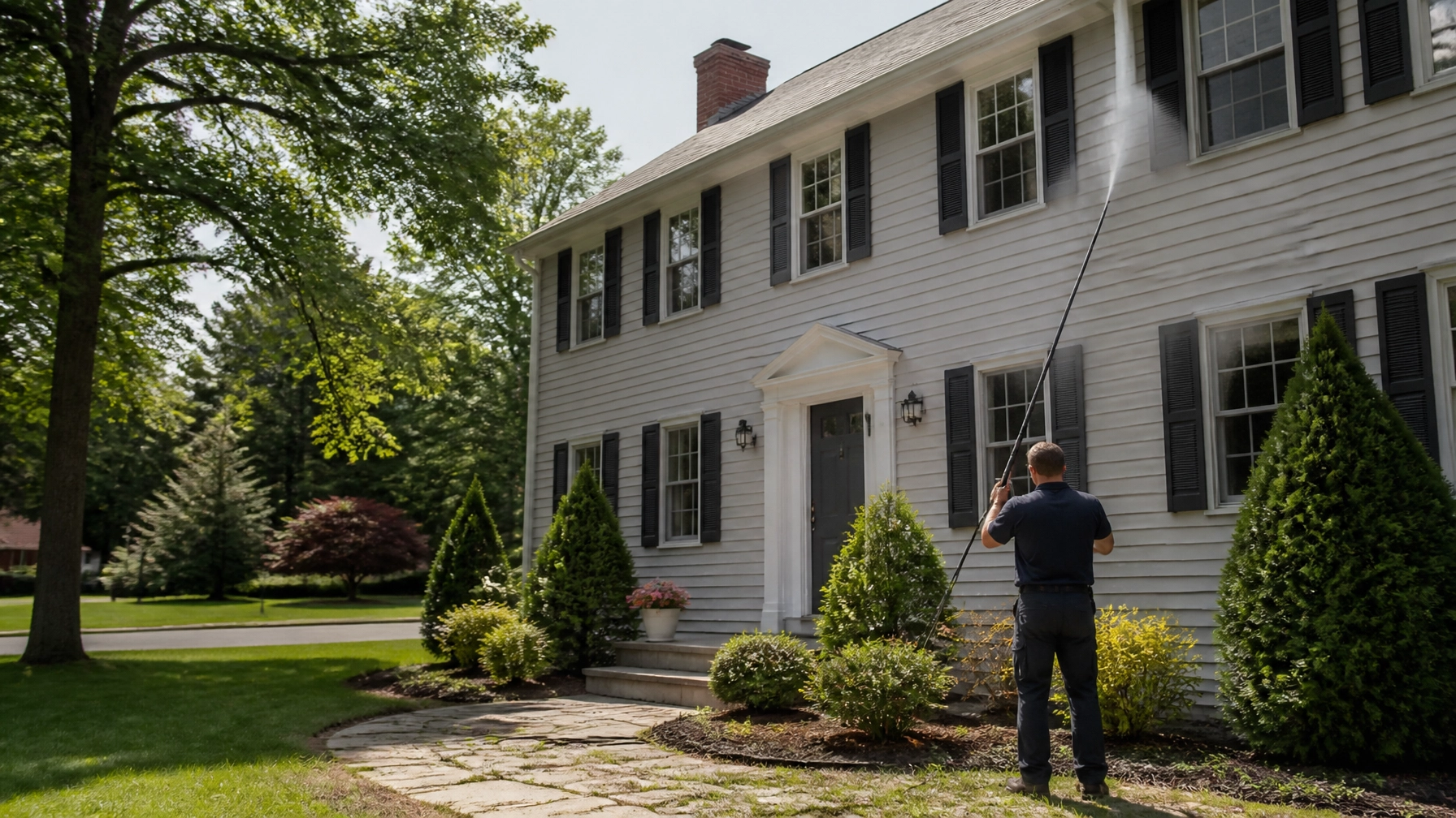 Photorealistic New England home after professional exterior cleaning