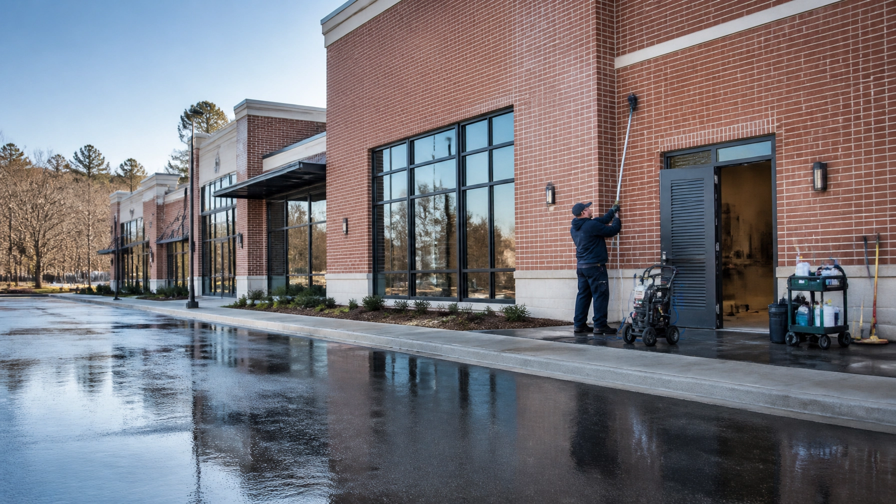 Commercial office and storefront property prepared for a power washing quote in Eastern Massachusetts