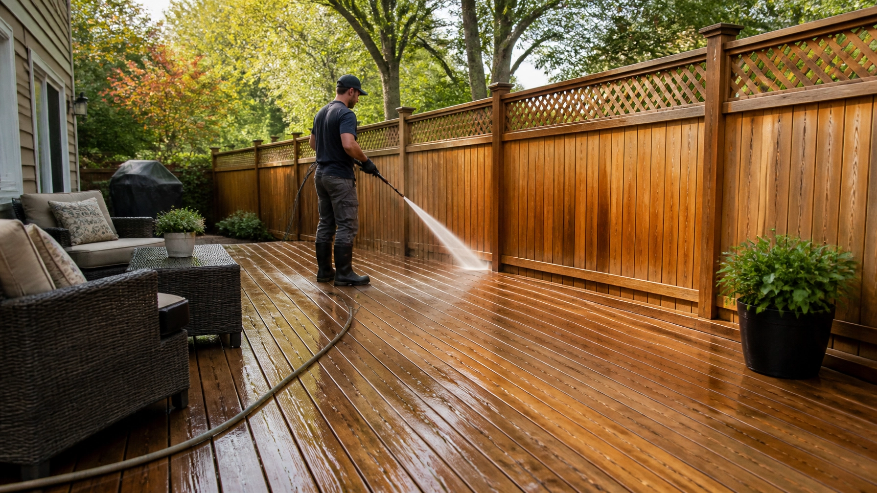 Technician cleaning a cedar deck and fence at a Massachusetts home