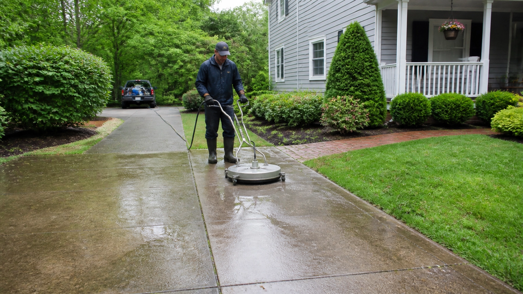Technician surface-cleaning a residential driveway in Blackstone Valley Massachusetts