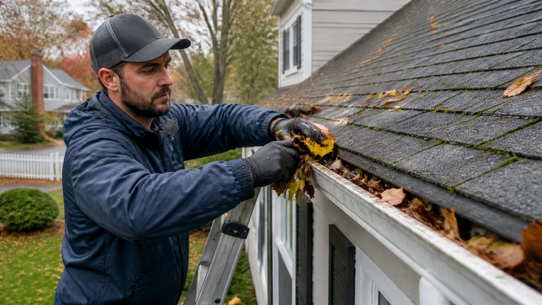Technician clearing leaves from residential gutters in Massachusetts