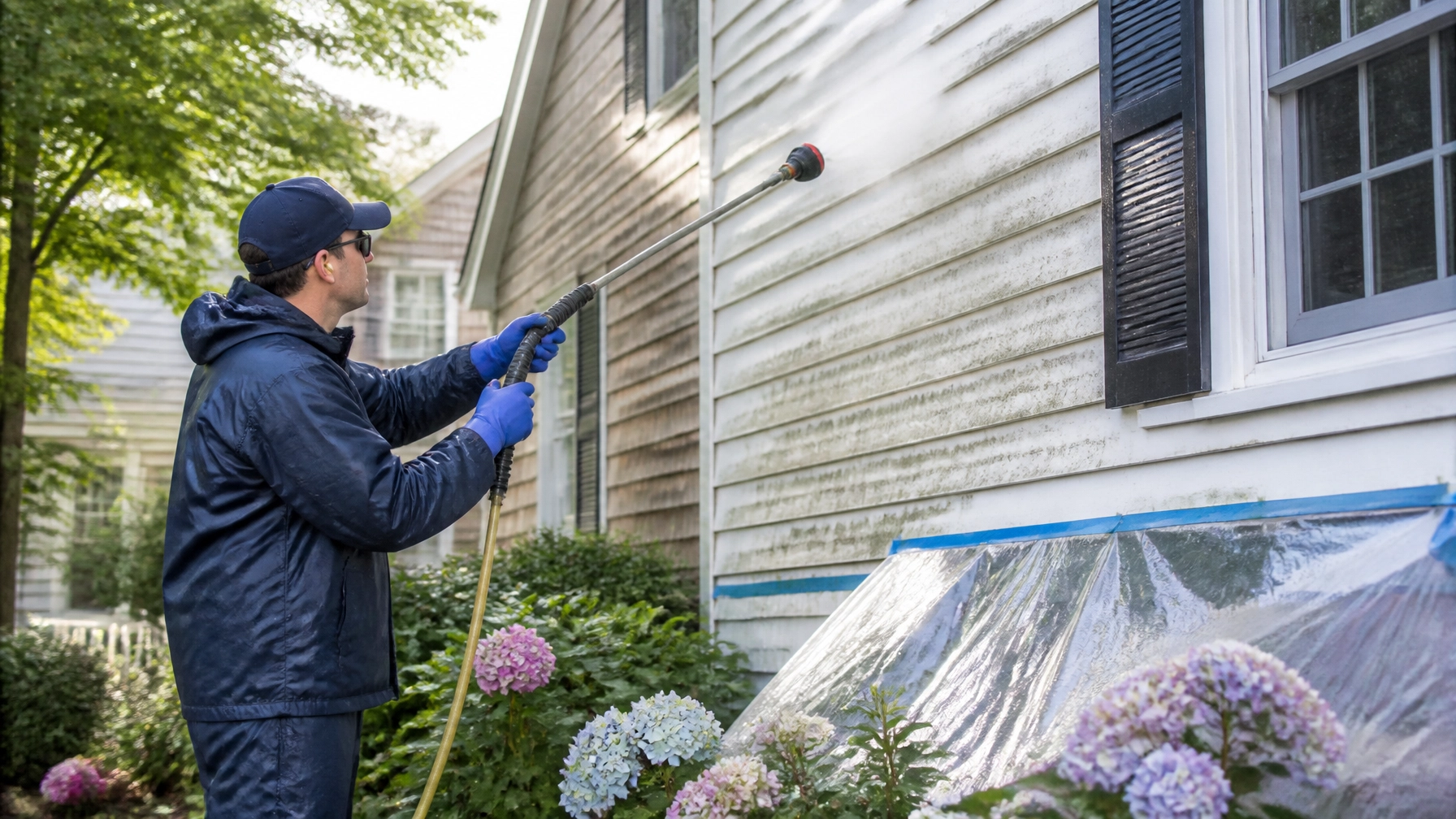 Technician soft-washing siding on a New England home in Massachusetts