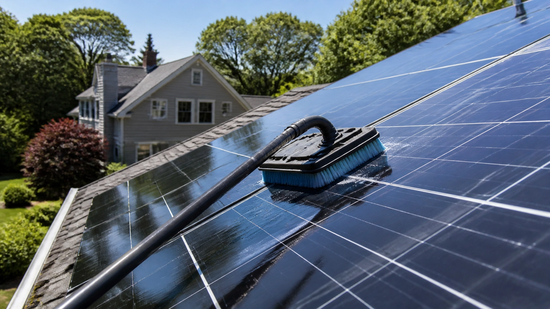 Technician carefully cleaning solar panels on a Massachusetts home
