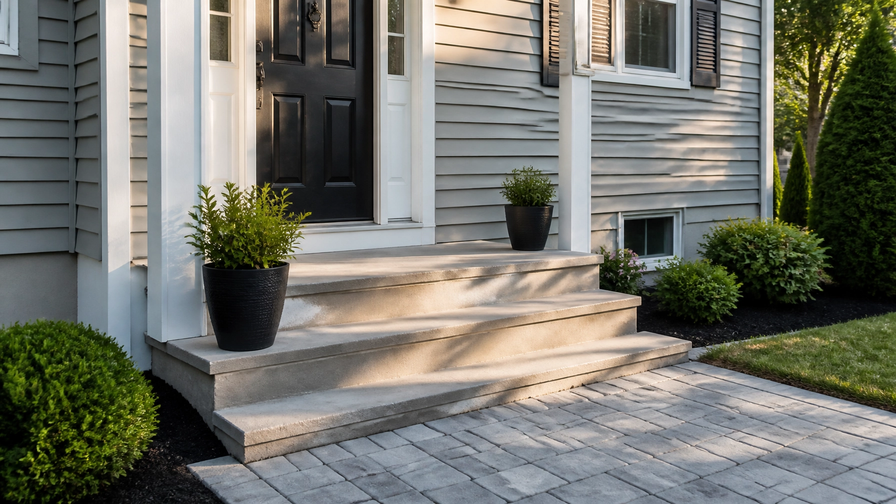 Cleaned New England home entry and concrete steps from a Blackstone Valley Massachusetts service project