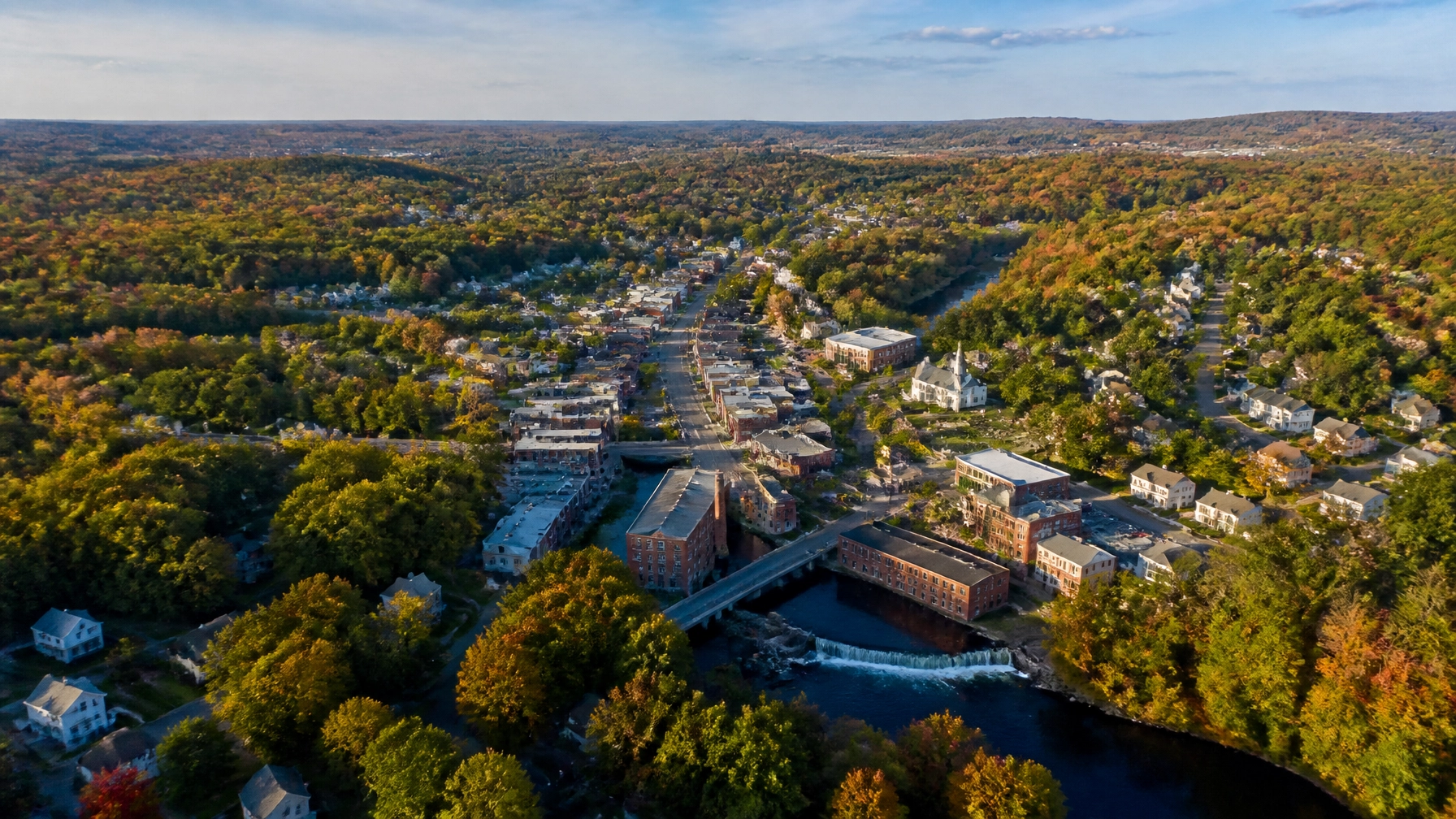 Aerial New England town landscape representing Eastern Massachusetts and Northern Rhode Island coverage