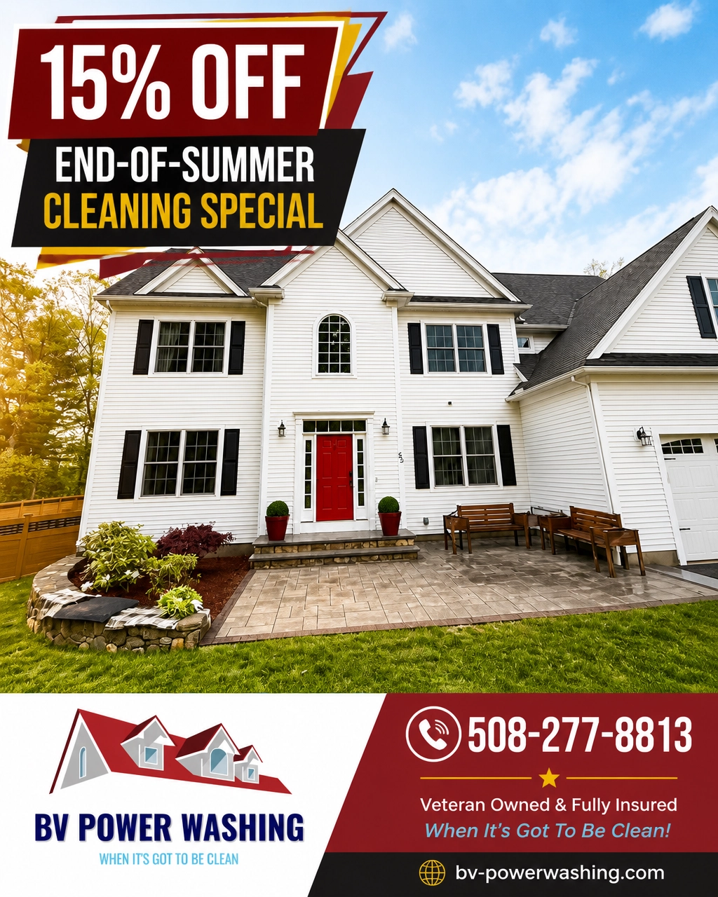 End-of-summer cleanup special graphic with 15% savings from BV PowerWashing