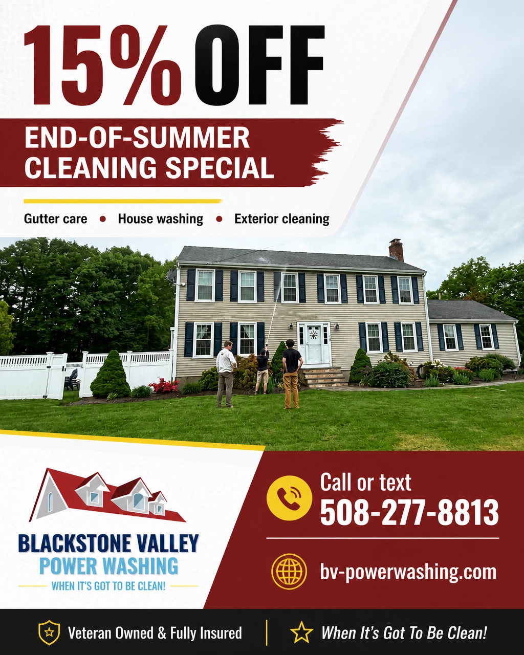 End-of-summer cleaning special graphic highlighting power washing and gutter cleaning